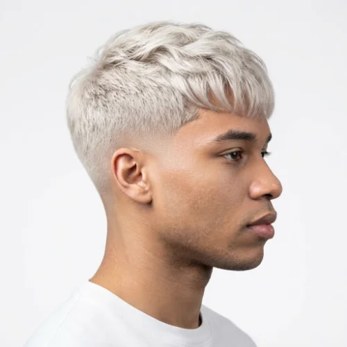 Man with platinum blonde hair and a clean low taper fade haircut on a white background.