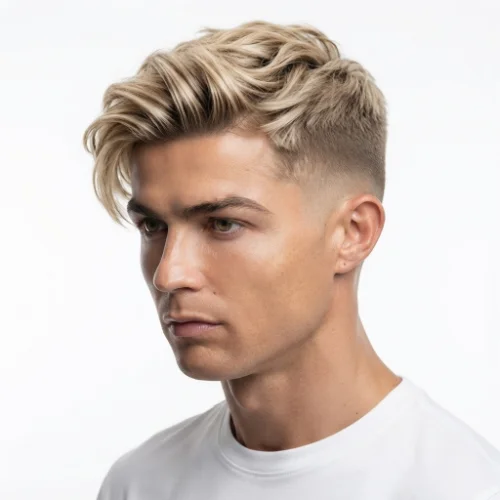 Man with dirty blonde hair styled with a low taper fade on a clean white background.