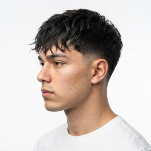 Man with a textured fringe and low taper fade haircut featuring clean faded sides on a white background.