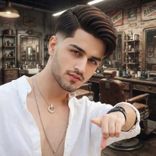 Man with a classic low taper fade comb over featuring neatly styled hair and clean faded sides on a white background.