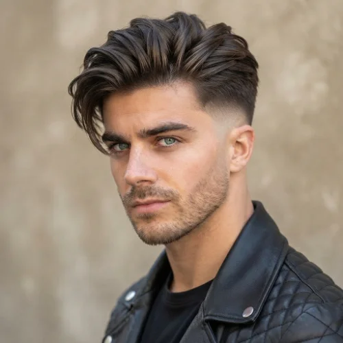 Man with textured hair styled in a low taper fade comb over on a clean white background.

