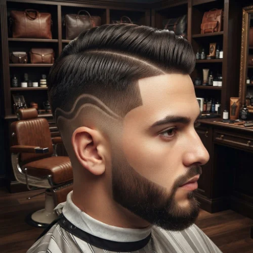 Man with a low taper fade comb over and clean side part featuring neatly styled hair on a white background.
