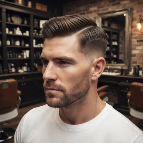 Man with a low taper fade comb over featuring a sharp hard part and clean faded sides on a white background.
