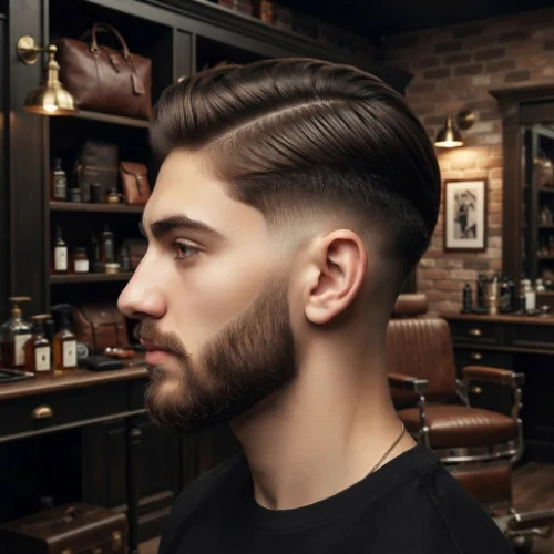 Man with a low taper fade comb over paired with a neatly groomed beard on a clean white background.
