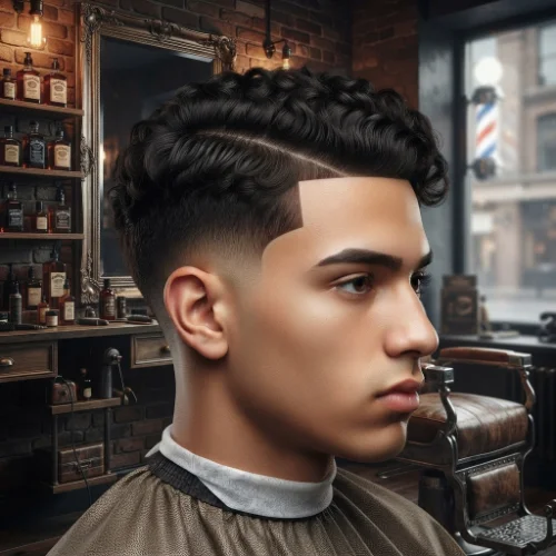 Man with a low taper fade comb over featuring a sharp line up and clean hairline on a white background.
