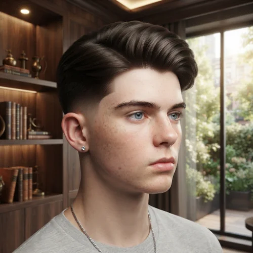 Man with a long comb over and low taper fade featuring a voluminous top on a clean white background.
