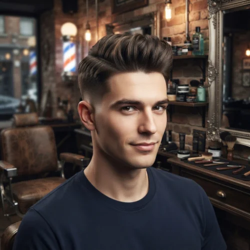 Man with a low taper fade comb over featuring lifted volume and neatly styled hair on a white background.
