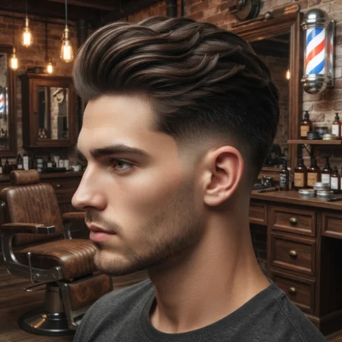 Man with thick hair styled into a low taper fade comb over with natural volume on a white background.
