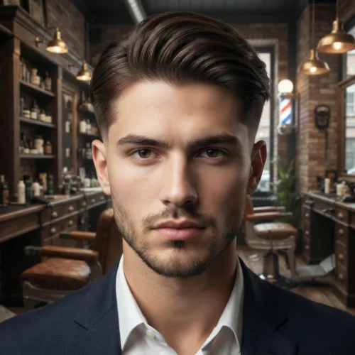 Man with thin hair styled into a low taper fade comb over featuring added texture on a white background.
