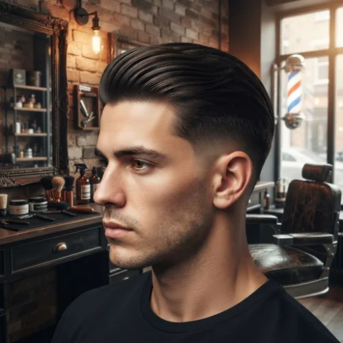 Man with straight hair styled into a low taper fade comb over on a clean white background.
