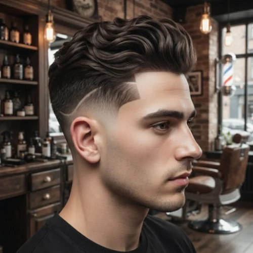 Man with wavy hair styled into a low taper fade comb over featuring natural texture on a white background.
