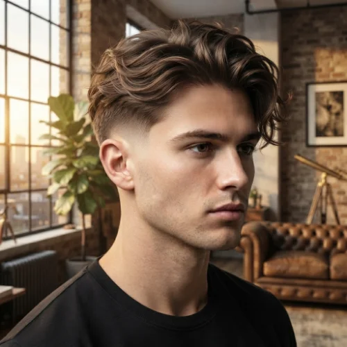 Man with messy textured hair styled in a low taper fade comb over on a clean white background.
