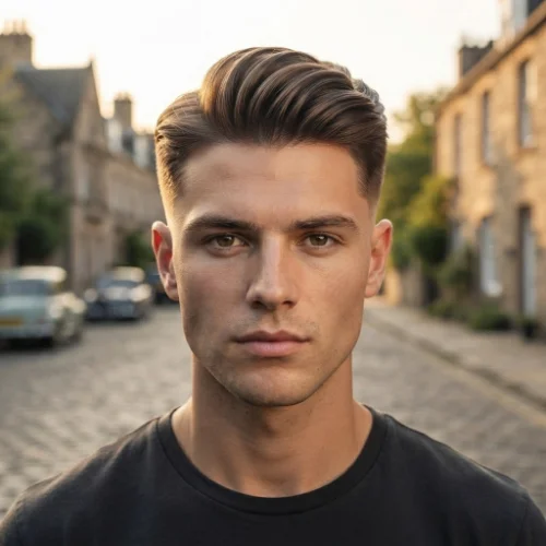 Man with a voluminous quiff comb over and low taper fade on a white background.
