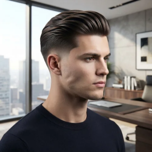 Man with slicked back comb over hair and a low taper fade on a clean white background.
