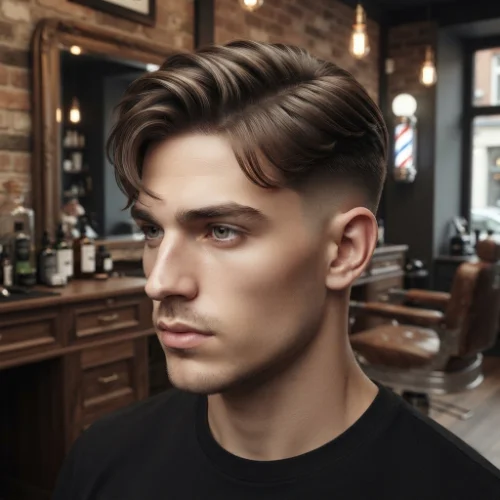 Man with a comb over hairstyle and textured fringe paired with a low taper fade on a white background.
