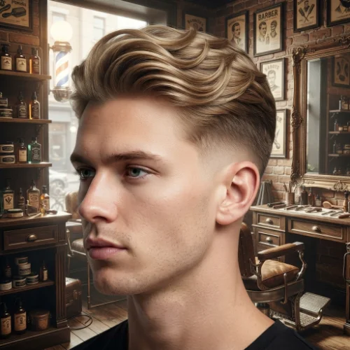 Man with blonde hair styled into a low taper fade comb over featuring clean faded sides on a white background.
