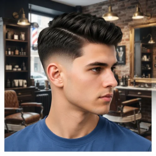 Man with a trendy 2026 low taper fade comb over featuring modern texture and clean faded sides on a white background.
