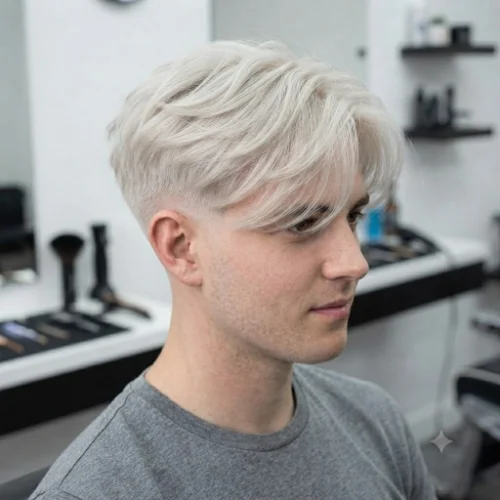 Man with straight curtain hair and a clean low taper fade on a white background.