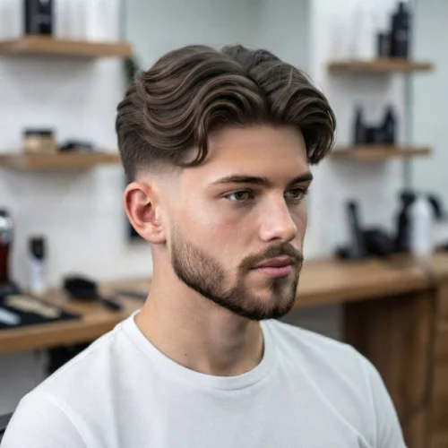 Man with a classic low taper fade and curtain hairstyle featuring a clean middle part on a white background.