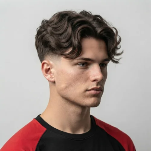 Man with a modern low taper fade curtain hairstyle featuring textured hair and a center part on a white background.