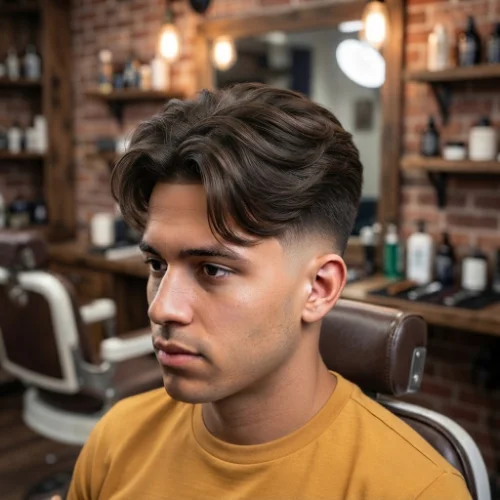 Man with a low taper fade and middle part curtains featuring neatly styled hair on a clean white background.
