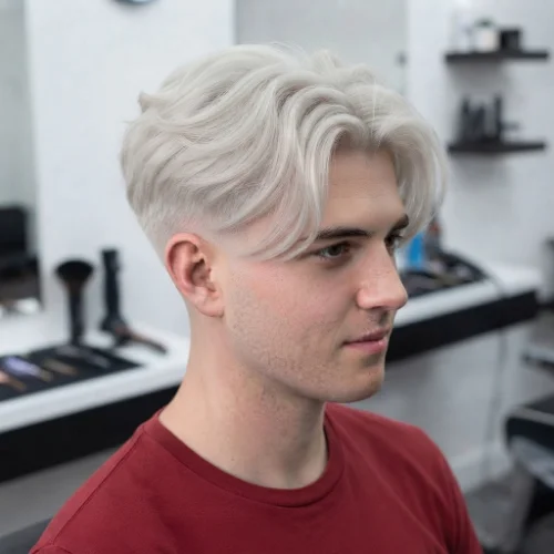 Man with fluffy curtain hair and a low taper fade featuring soft volume on a clean white background.