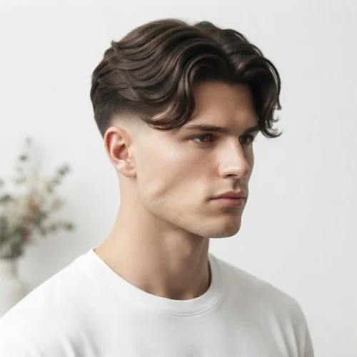 Man with wavy curtain hair and a low taper fade featuring natural texture on a white background.