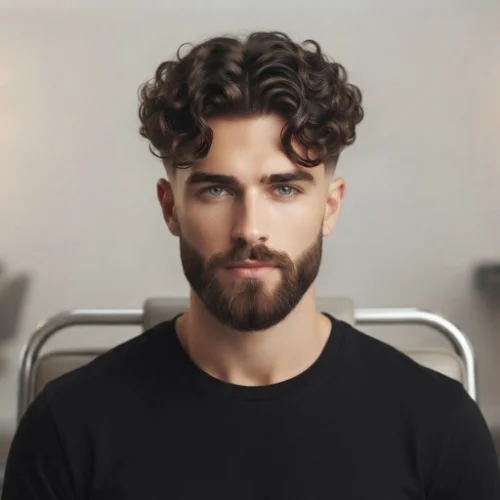 Man with curly curtain hair and a low taper fade featuring natural curls on a clean white background.