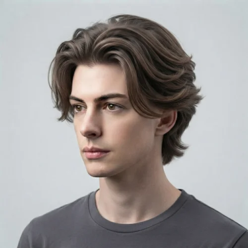Man with long curtain hair and a low taper fade featuring a defined middle part on a white background.