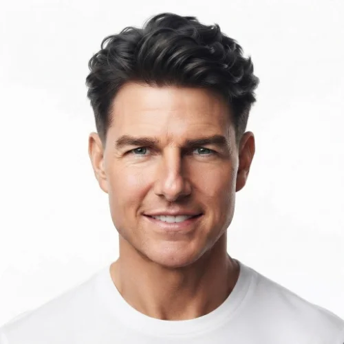 Man with voluminous curtain hair and a low taper fade featuring a clean center part on a white background.