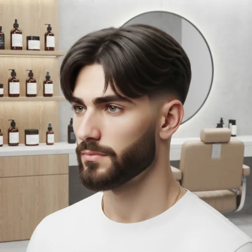 Man with a low taper fade curtain hairstyle paired with a neatly groomed beard on a white background.