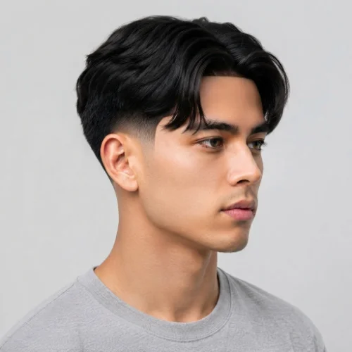 Man with curtain hair, a low taper fade, and a sharp line up on a clean white background.