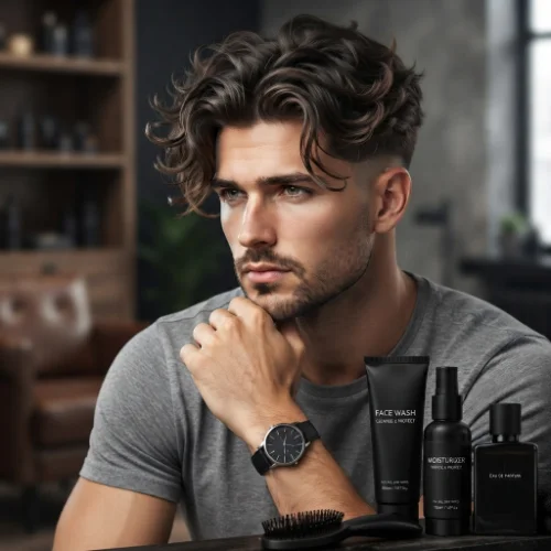 Man with messy textured curtain hair and a low taper fade on a white background.
