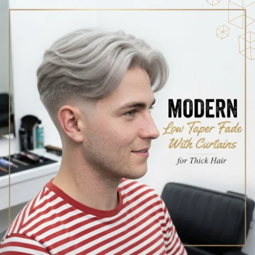 Man with thick curtain hair and a low taper fade featuring natural volume on a white background.