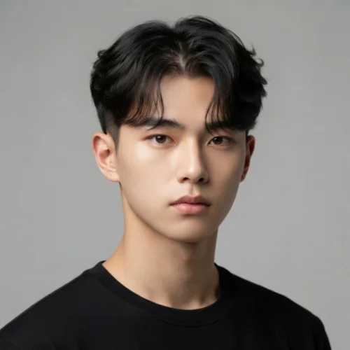 Man with thin curtain hair styled with a low taper fade and natural texture on a white background.