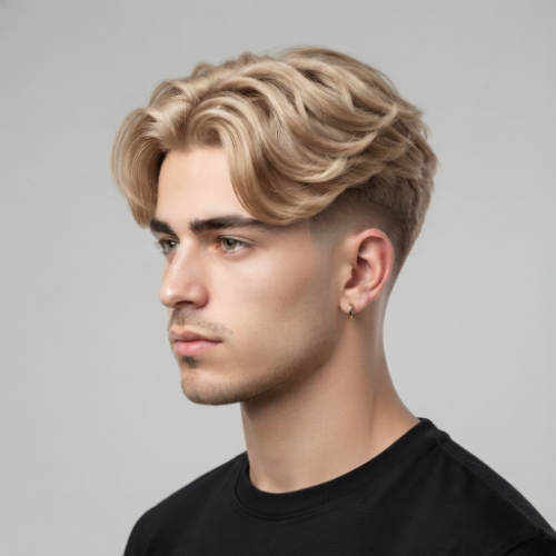 Man with blonde curtain hair and a low taper fade featuring a clean middle part on a white background.