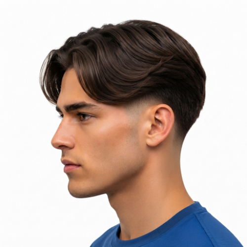 Man with layered curtain hair and a low taper fade featuring textured volume on a clean white background.