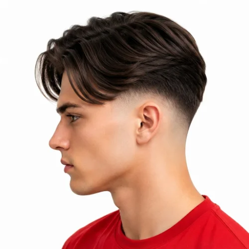 Man with curtain hair styled with a side part and low taper fade on a white background.