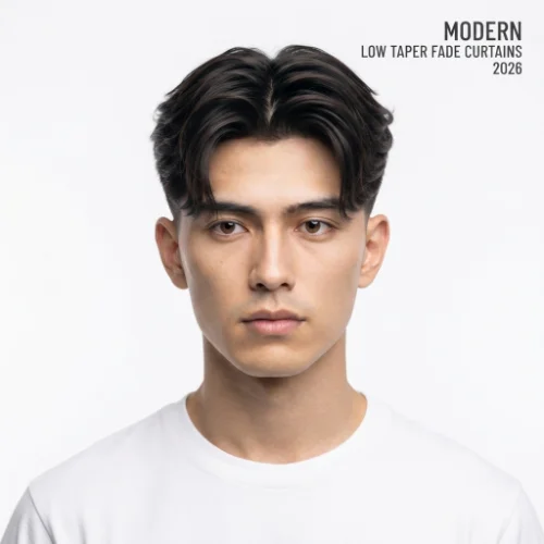 Man with a modern 2026 low taper fade curtain hairstyle featuring a center part and textured volume on a white background.