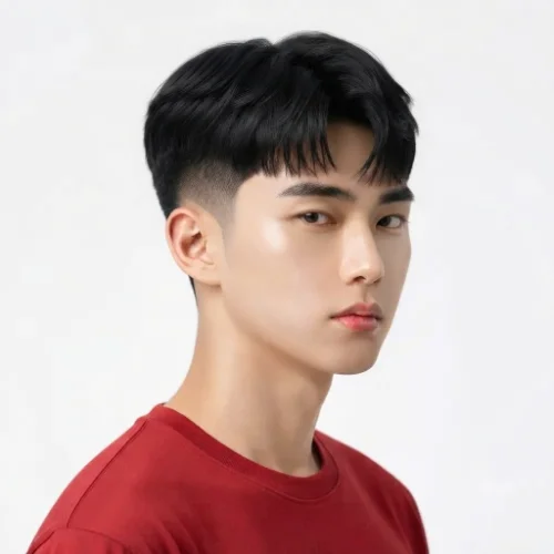 Man with a modern low taper fade and stylish textured fringe.