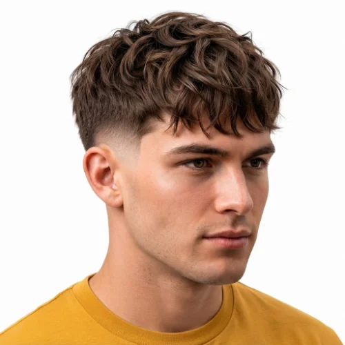 Man with a low taper fade and textured fringe haircut.