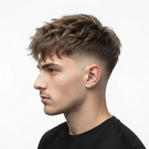 Man with a low taper fade and messy textured fringe.
