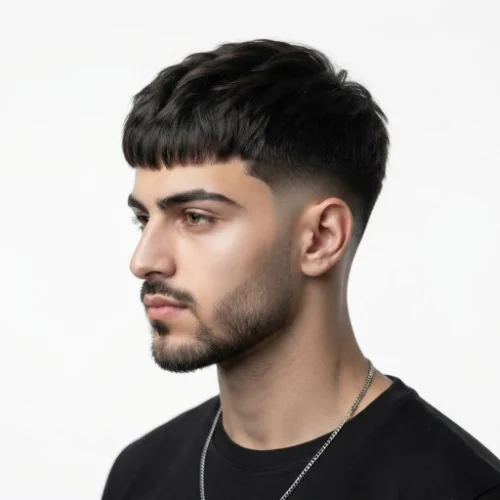 Man with a low taper fade and short textured fringe.