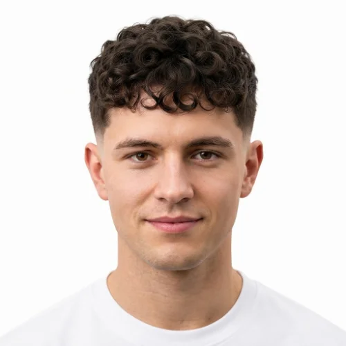 Man with curly fringe and a clean low taper fade haircut.