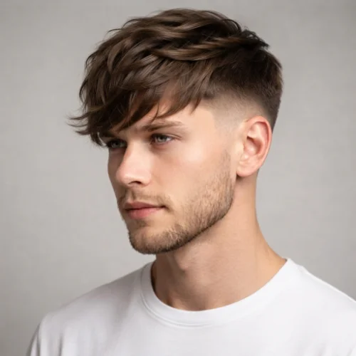 Man with a low taper fade and long textured fringe across the forehead.