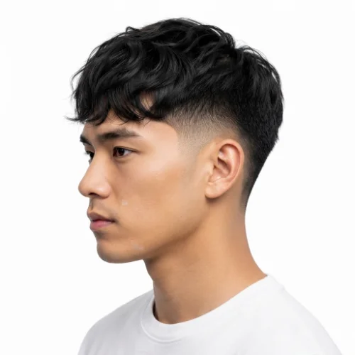 Man with wavy fringe and a low taper fade haircut.
