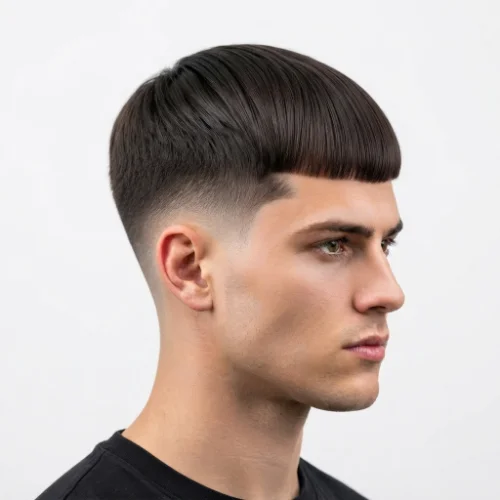 Man with straight hair styled into a fringe with a low taper fade.
