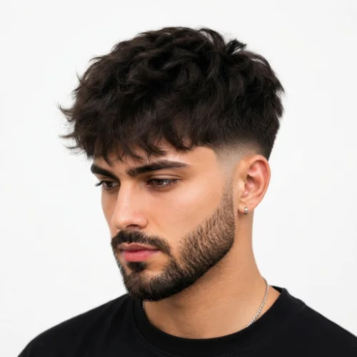 Man with a fluffy textured fringe and low taper fade haircut.