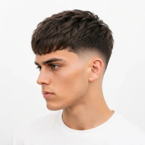 Man with a French crop haircut featuring a textured fringe.