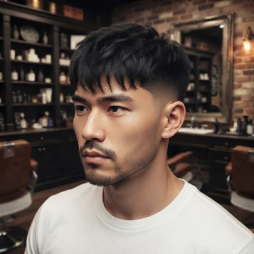 Asian man with a textured fringe and clean low taper fade.